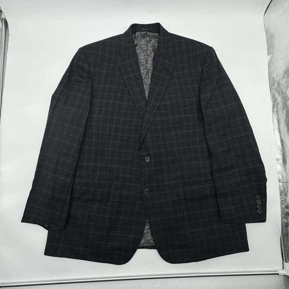 Turnbury Men's Size 48R Blue Gray Windowpane Plaid Lined Wool Blazer Suit Jacket